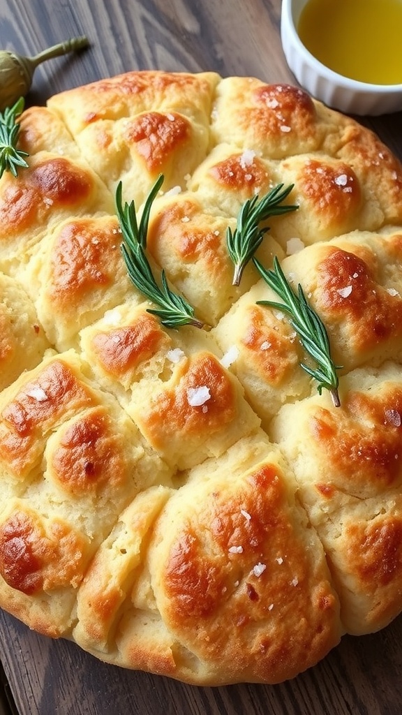 Herb Focaccia Bread Recipe Golden brown focaccia bread topped with rosemary and sea salt, cut into squares on a wooden table with olive oil.